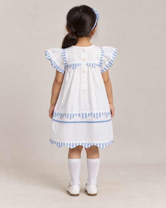 Santorini White Organic Cotton Dress for Girls | Flutter-Sleeve Summer Dress