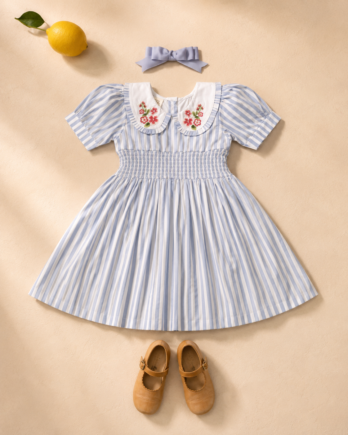 Vestido Portofino de algodón orgánico a rayas para niñas | Vestido de verano fruncido