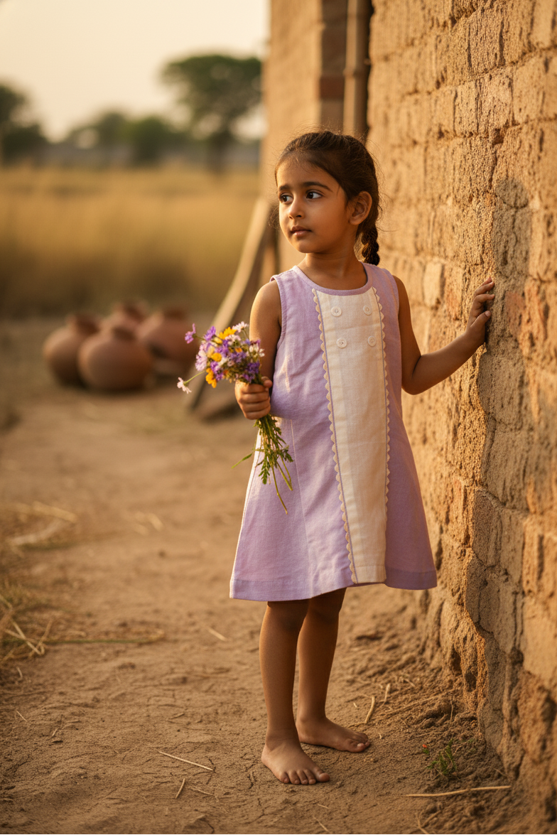 Provence organic cotton-linen panel girls dress close-up of panel construction and GOTS-certified fabric