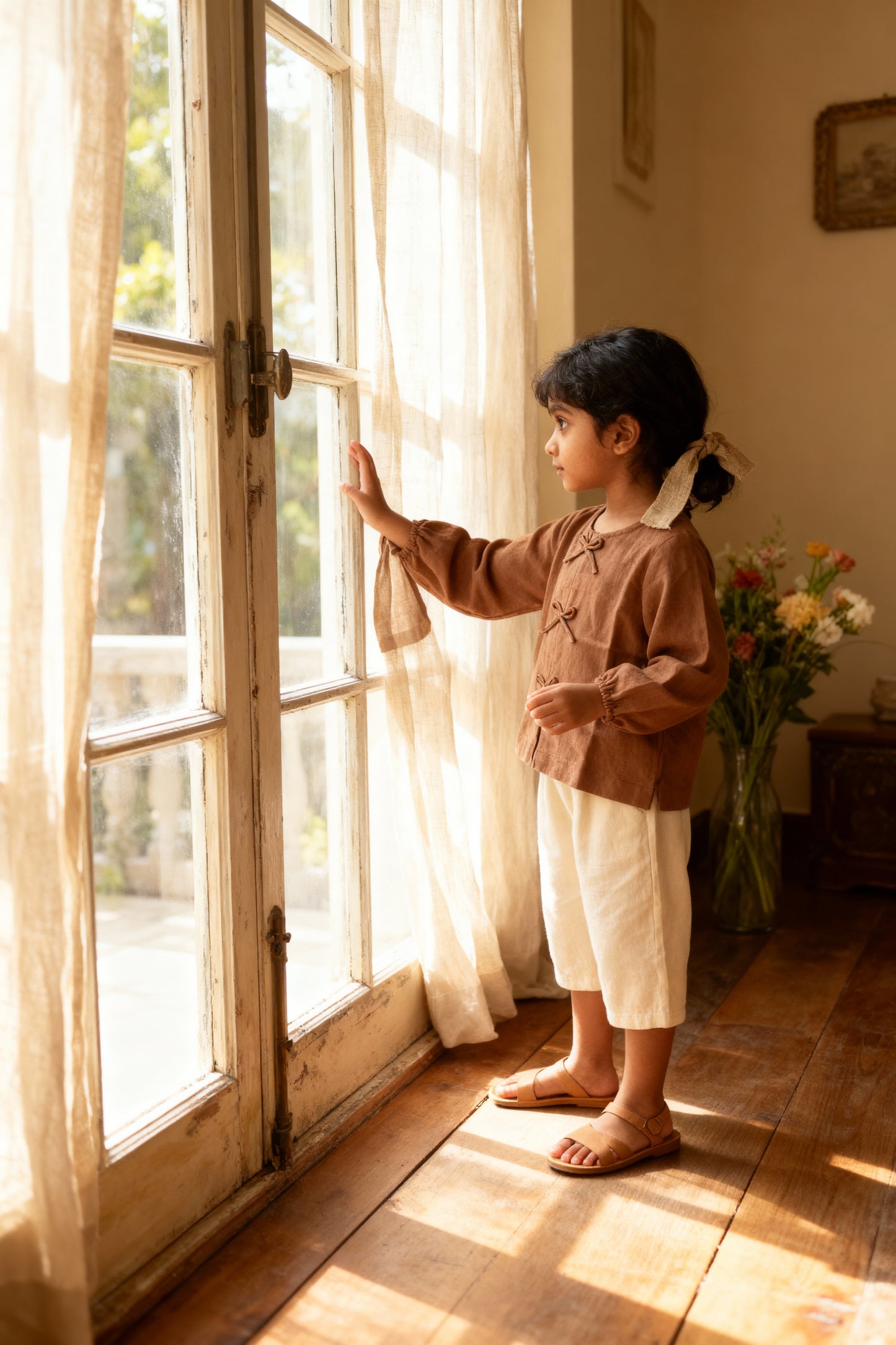 Cairo organic cotton-linen girls blouse flat lay showing button detail and fabric drape