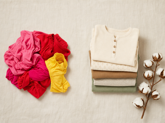 A neat stack of certified organic cotton kids clothes in earthy tones beside a tangle of bright fast-fashion kids tops, illustrating safe verified-organic alternatives versus unverified fast fashion in India