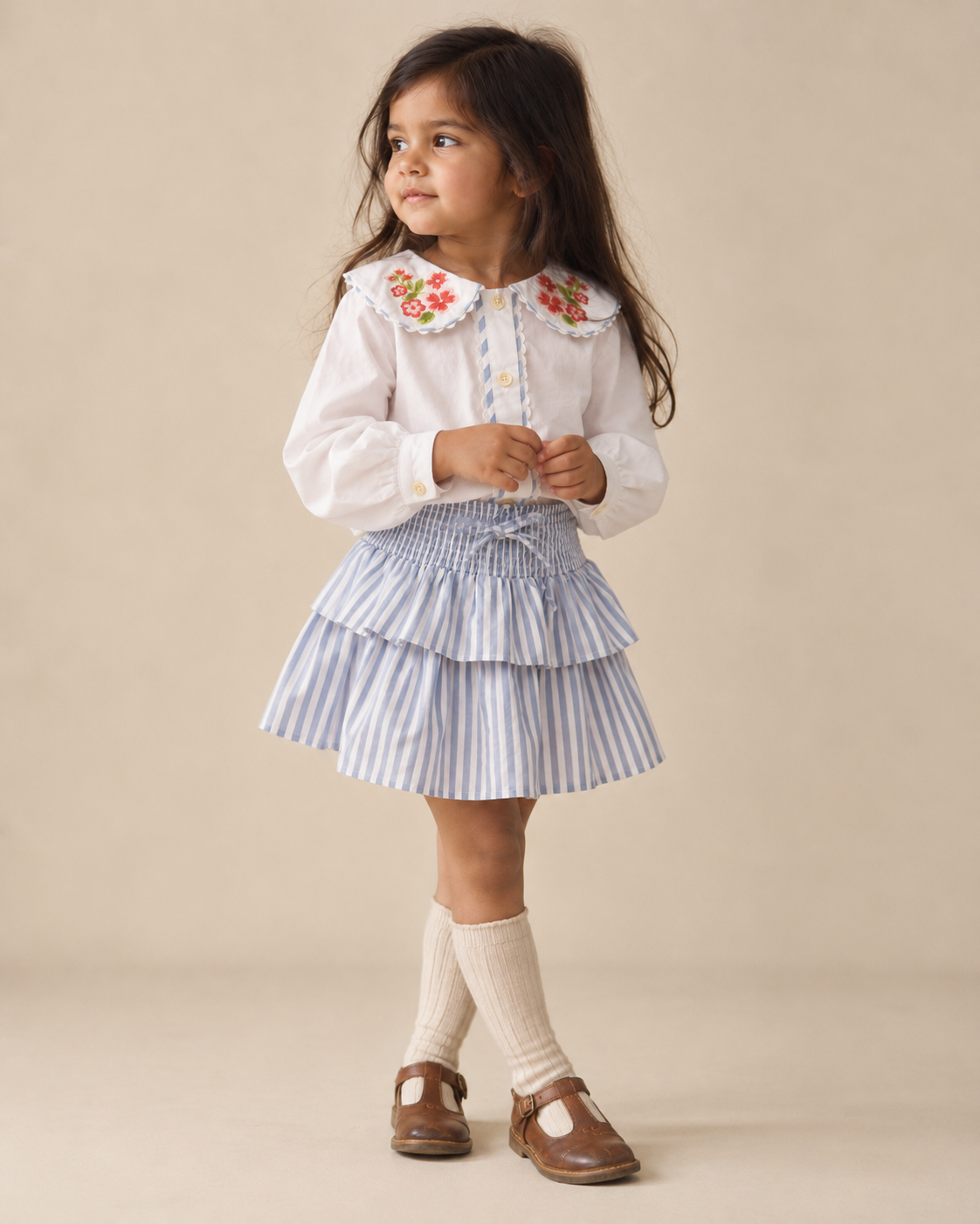 Sunday Picnic Organic Cotton Co-ord Set for Girls | Floral Blouse & Striped Skort