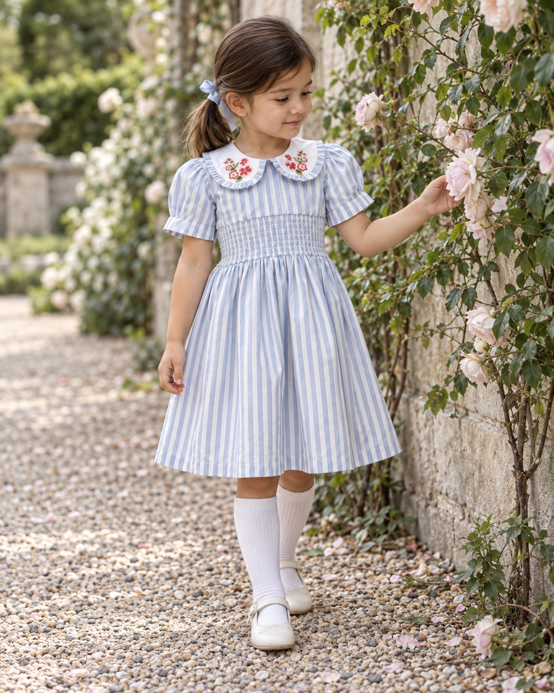 Vestido Portofino de algodón orgánico a rayas para niñas | Vestido de verano fruncido