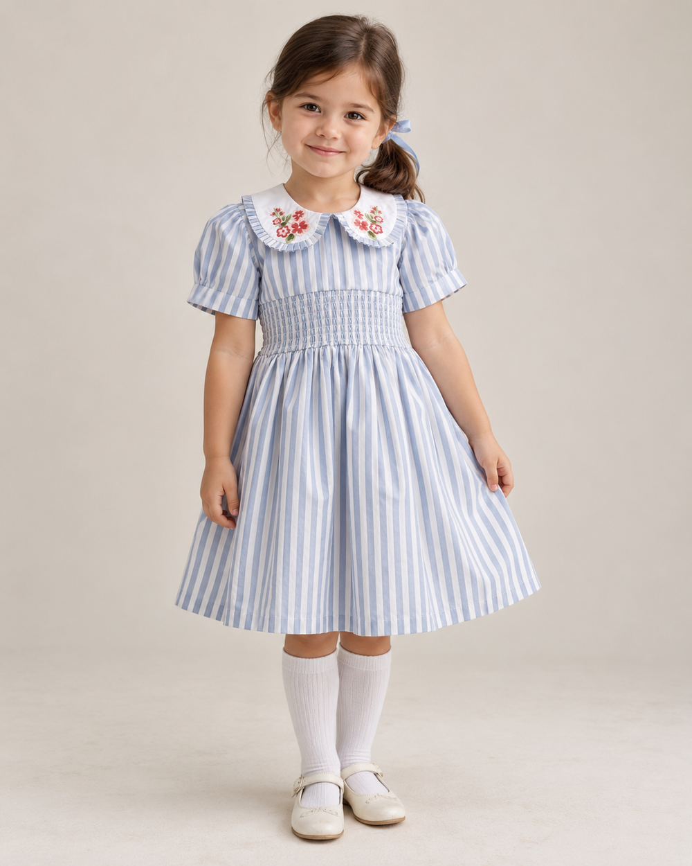 Vestido Portofino de algodón orgánico a rayas para niñas | Vestido de verano fruncido