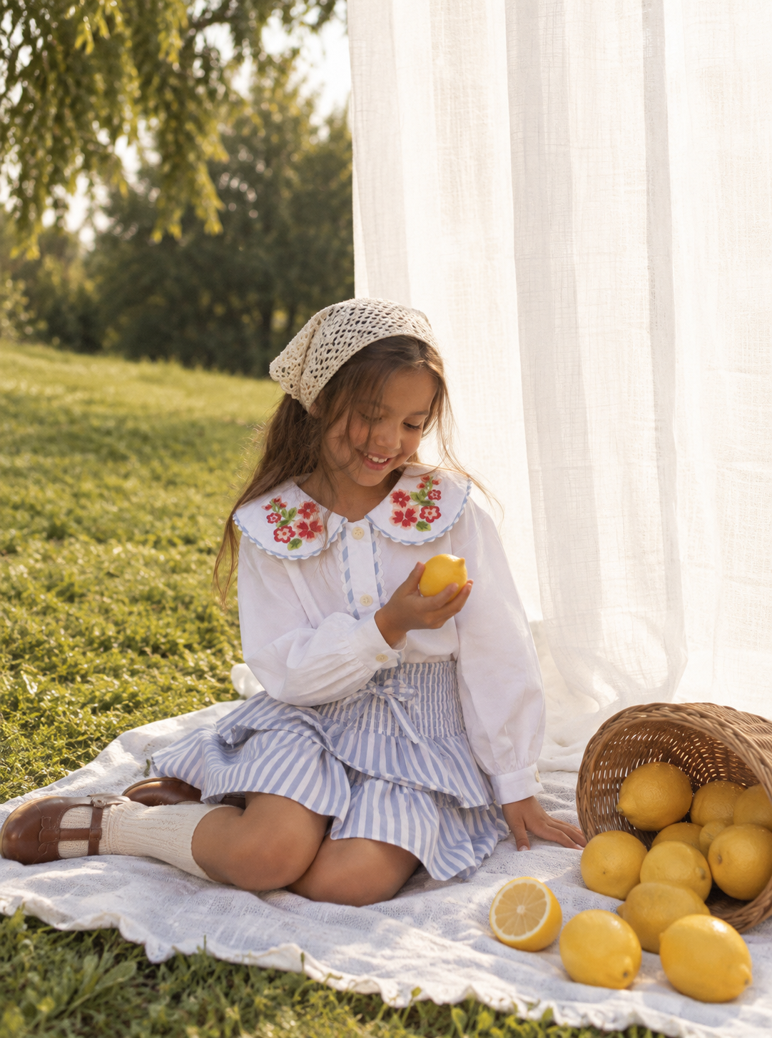 Sunday Picnic Organic Cotton Co-ord Set for Girls | Floral Blouse & Striped Skort