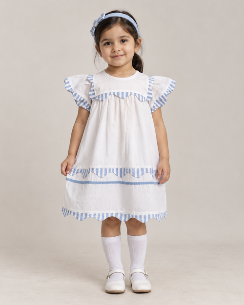 Santorini White Organic Cotton Dress for Girls | Flutter-Sleeve Summer Dress