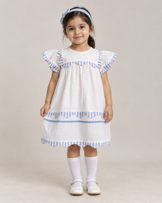 Santorini White Organic Cotton Dress for Girls | Flutter-Sleeve Summer Dress