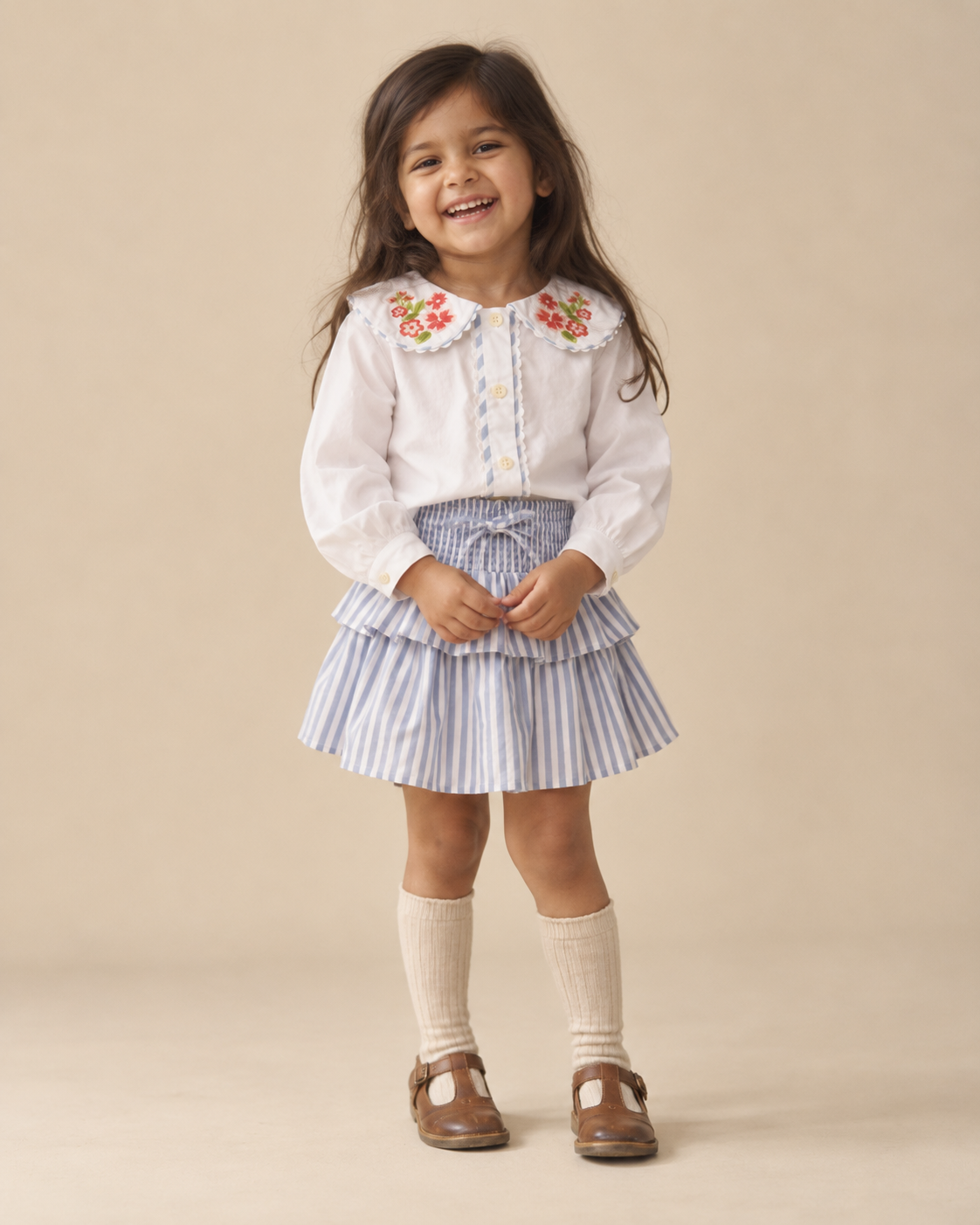 Sunday Picnic Organic Cotton Co-ord Set for Girls | Floral Blouse & Striped Skort