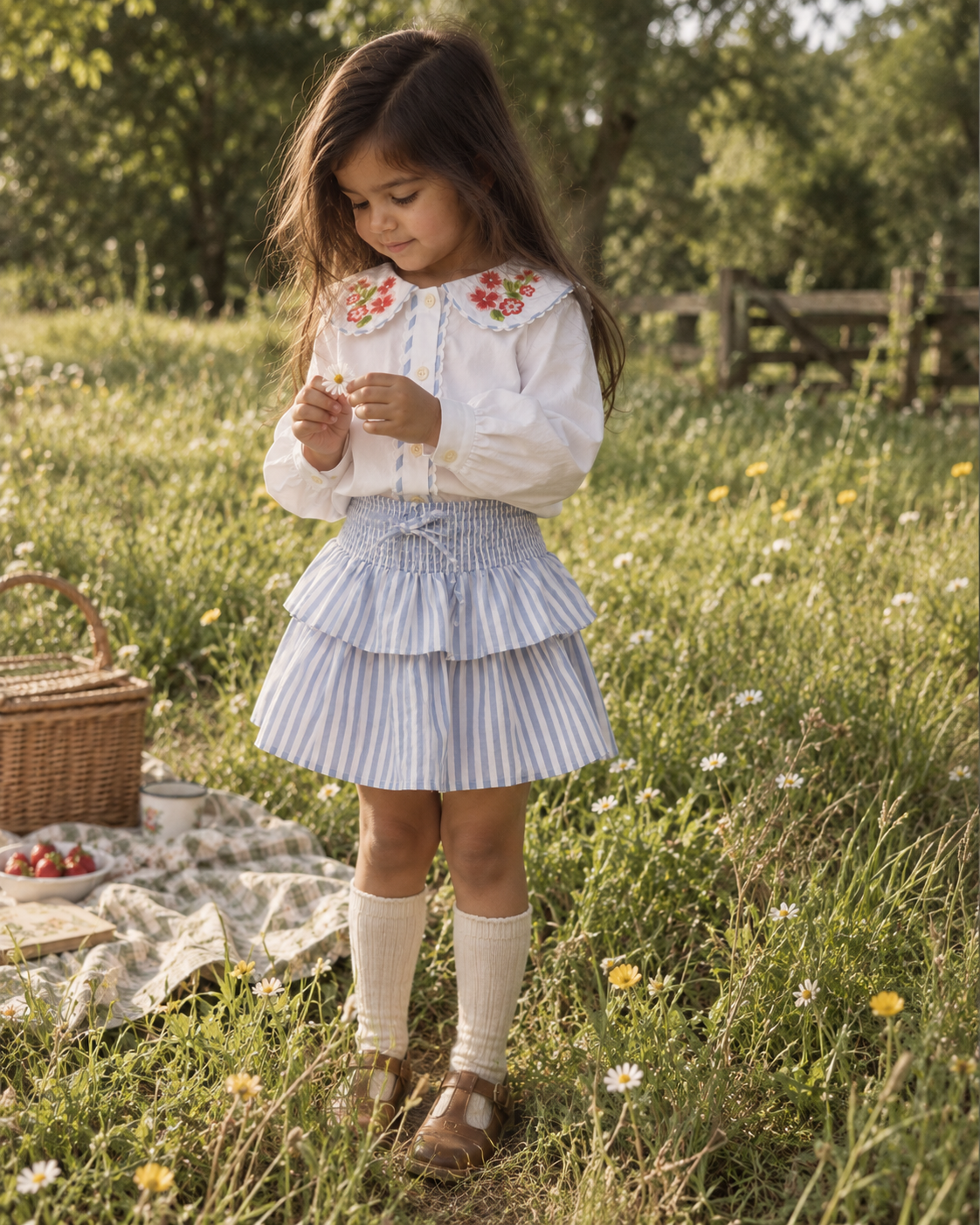 Sunday Picnic Organic Cotton Co-ord Set for Girls | Floral Blouse & Striped Skort
