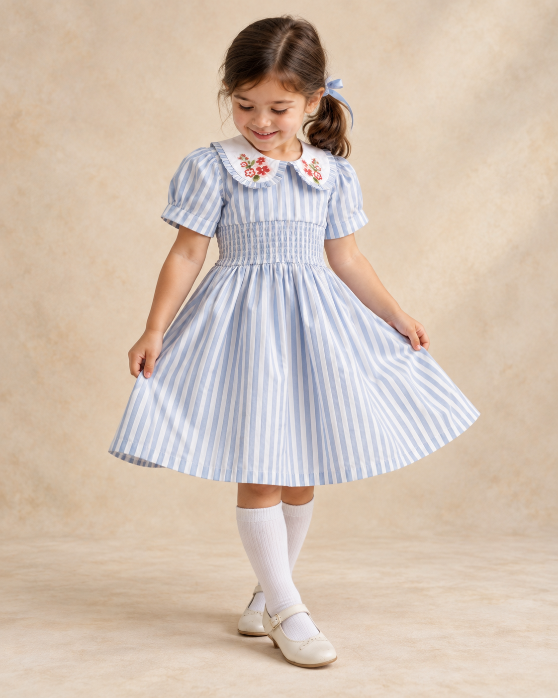 Vestido Portofino de algodón orgánico a rayas para niñas | Vestido de verano fruncido