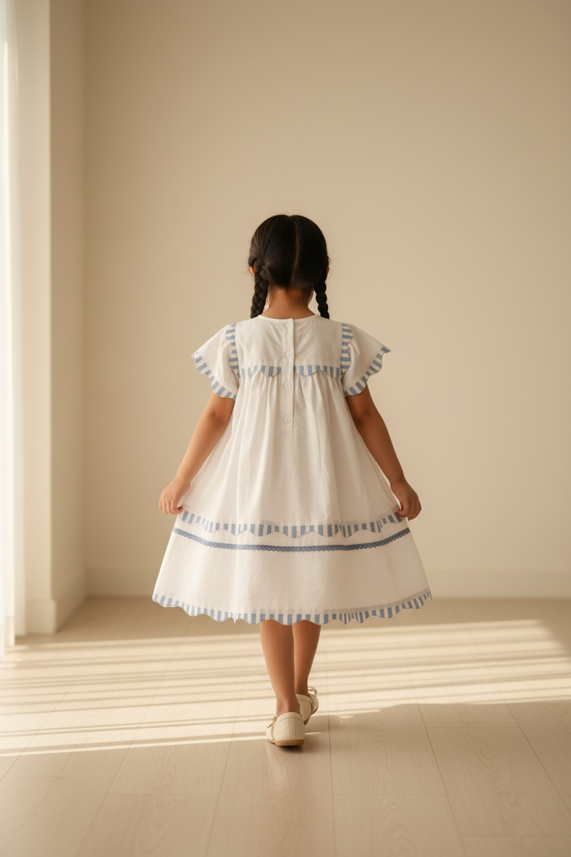 Santorini organic cotton flutter-sleeve girls dress front view in white with delicate sleeve detailing