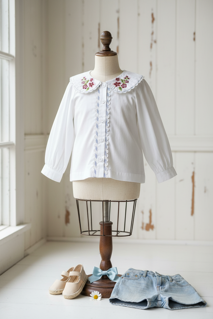 Capri organic cotton girls blouse close-up of hand-embroidered collar detailing