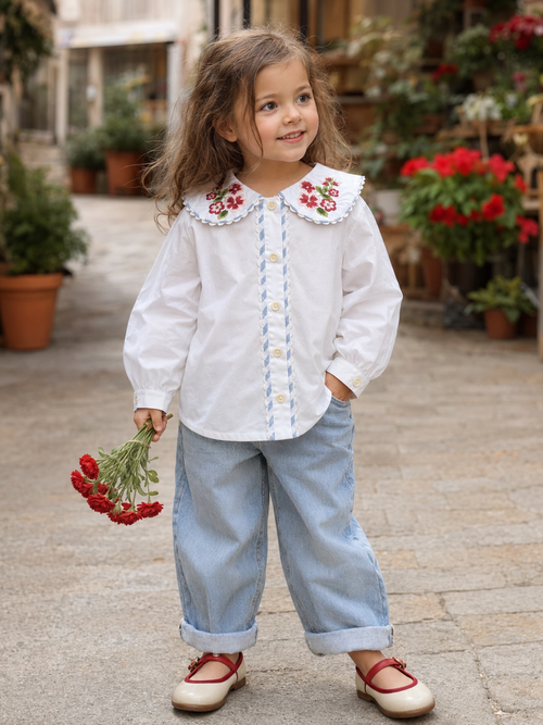 Capri Floral Organic Cotton Blouse for Girls | Puff-Sleeve Toddler Top