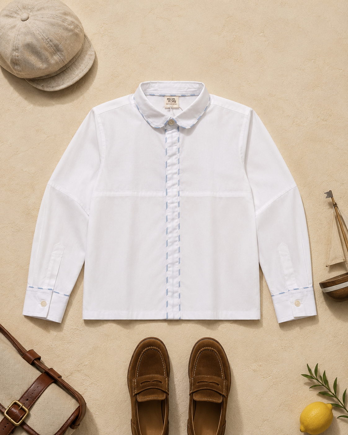 Chemise Cannes en coton bio blanc pour enfant | Chemise bébé à bordure en dentelle
