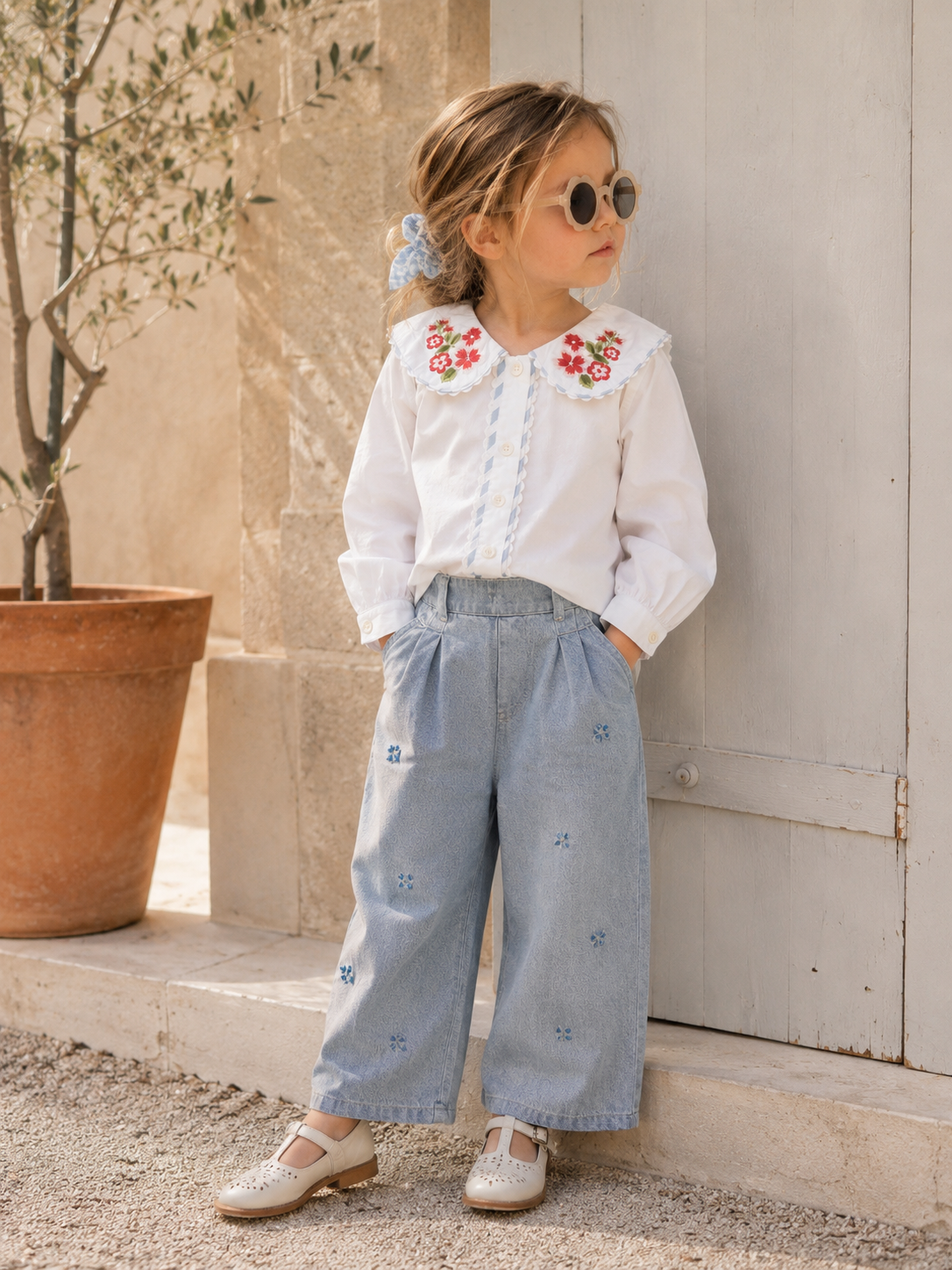 Chemisier en coton biologique Capri fleuri pour filles | Haut à manches bouffantes pour tout-petits