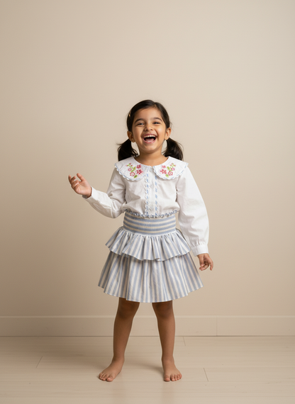 Amalfi organic cotton girls skort front view with blue and white striped fabric and double tiers