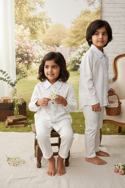 Cannes organic cotton boys white shirt front view with lace-trimmed placket detail