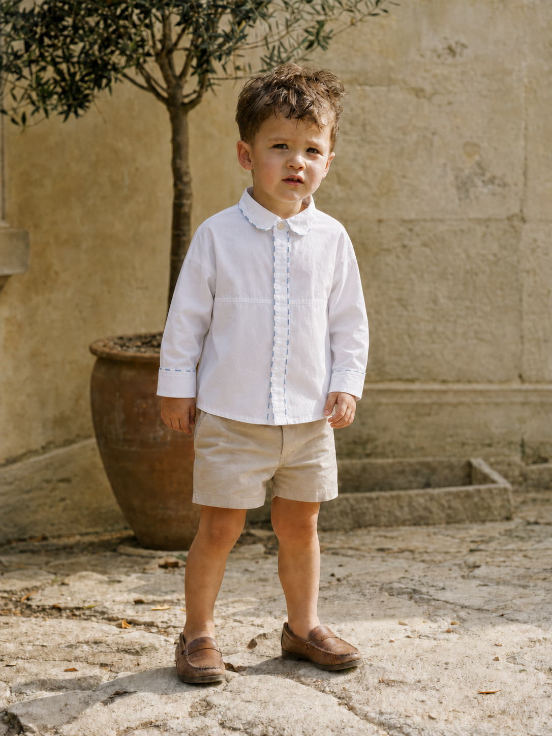 Chemise Cannes en coton bio blanc pour enfant | Chemise bébé à bordure en dentelle