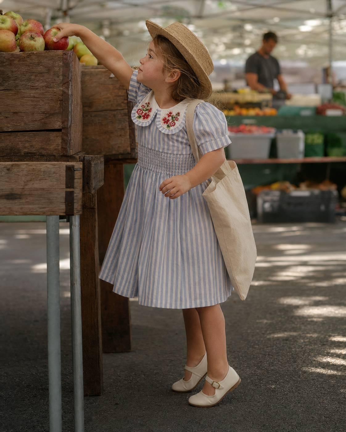 Vestido Portofino de algodón orgánico a rayas para niñas | Vestido de verano fruncido