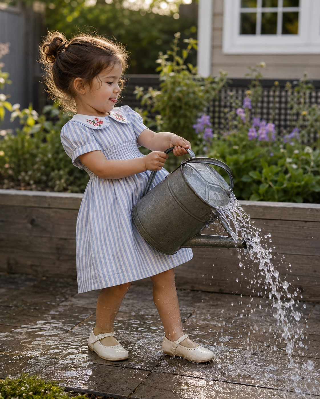 Vestido Portofino de algodón orgánico a rayas para niñas | Vestido de verano fruncido
