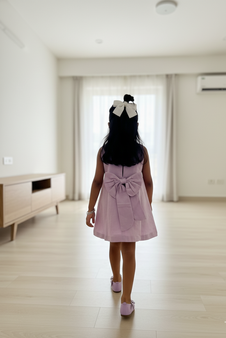 Provence organic cotton-linen panel girls dress back view showing clean A-line silhouette