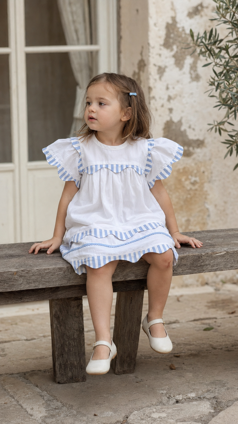 Robe d'été Santorini en coton biologique blanc pour filles | Manches volantées