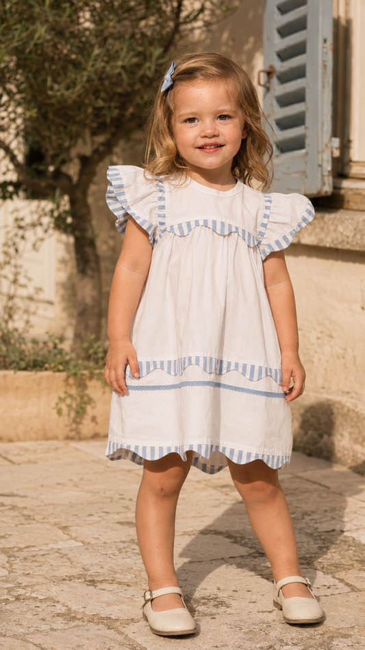 Robe d'été Santorini en coton biologique blanc pour filles | Manches volantées