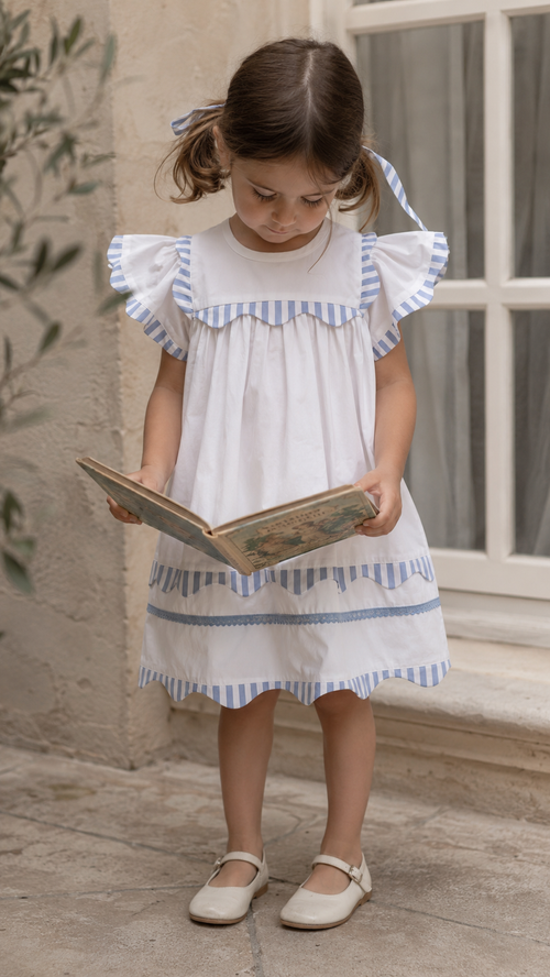 Santorini White Organic Cotton Dress for Girls | Flutter-Sleeve Summer Dress