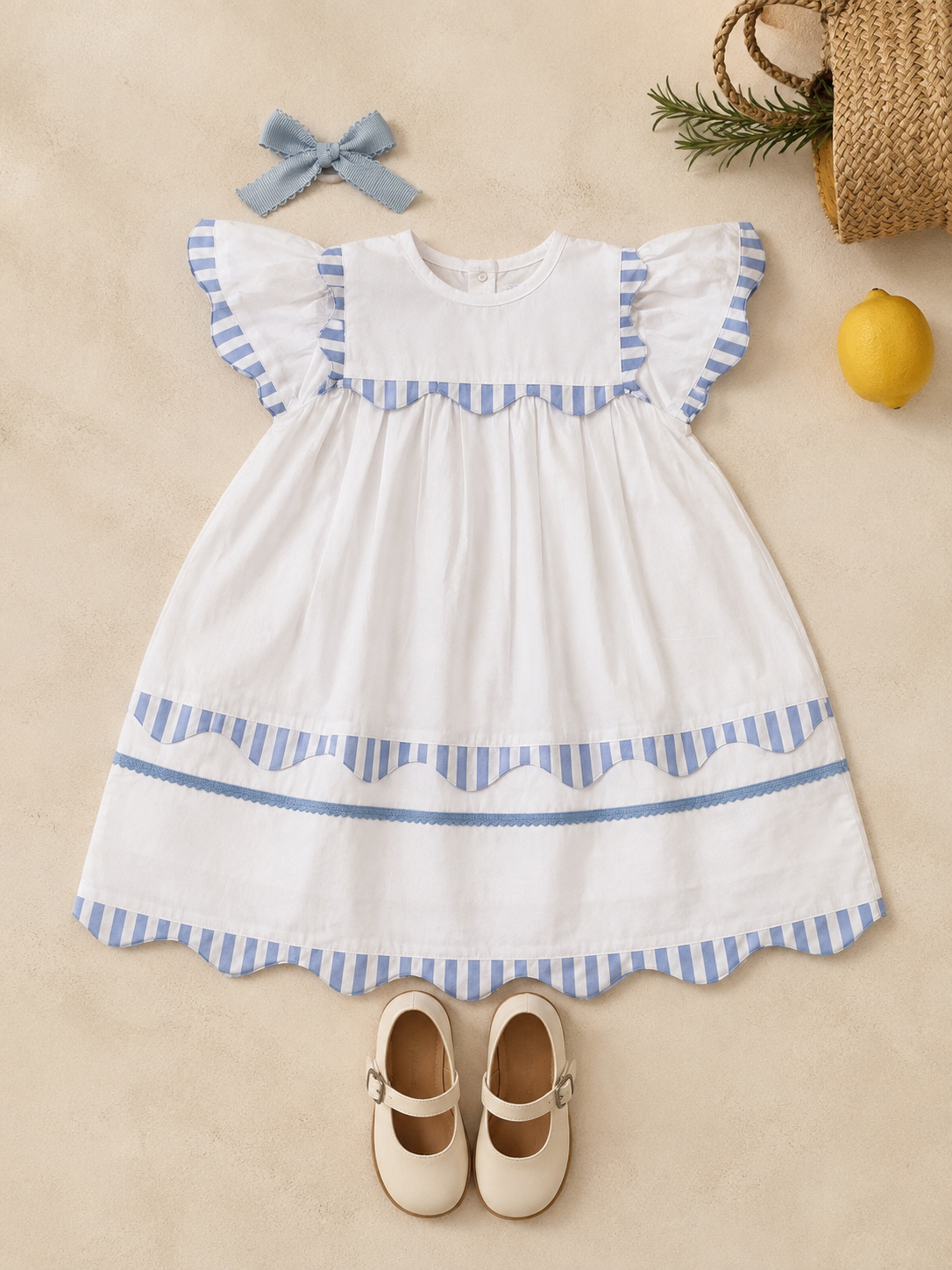 Robe d'été Santorini en coton biologique blanc pour filles | Manches volantées