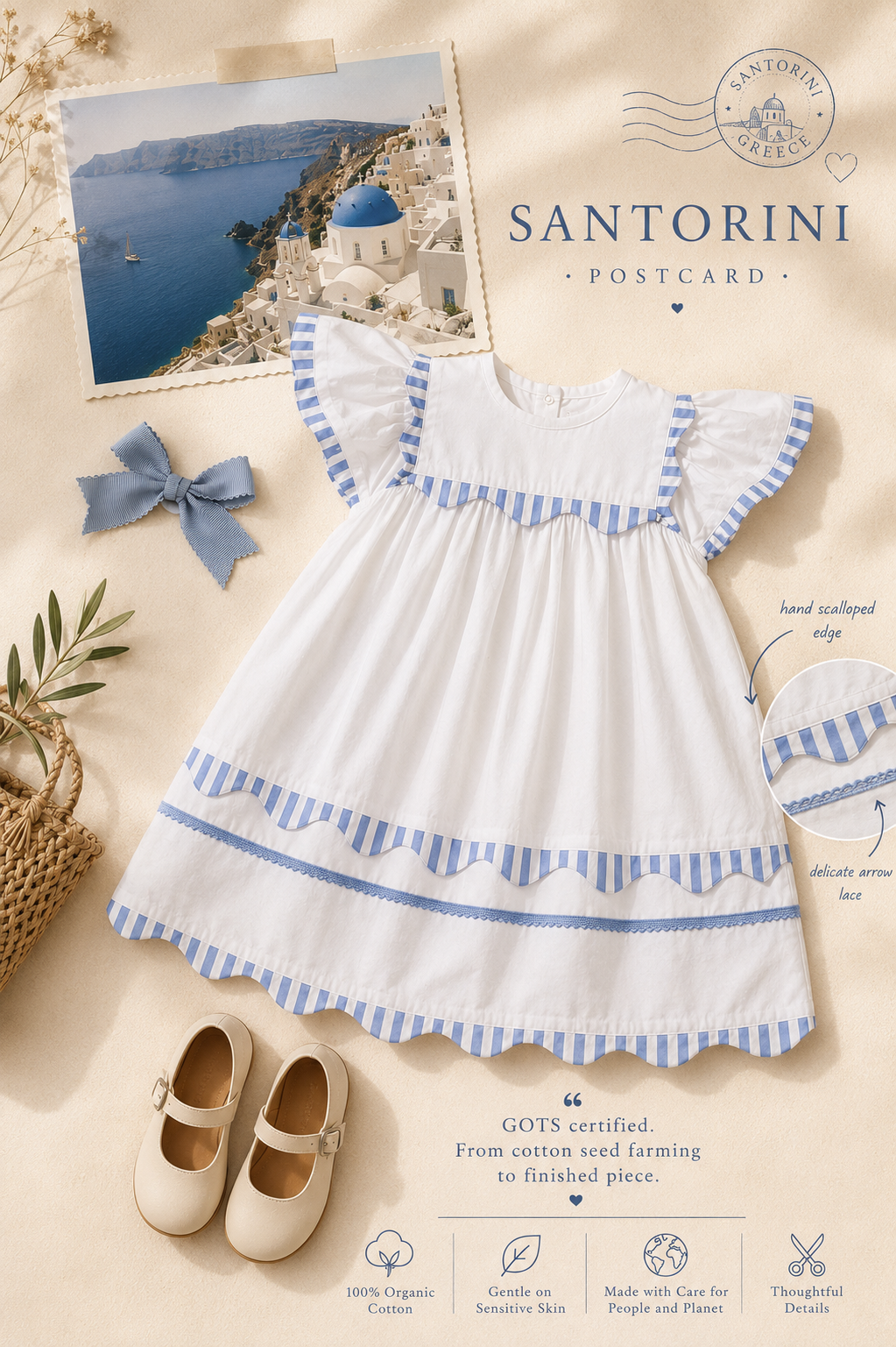 Robe d'été Santorini en coton biologique blanc pour filles | Manches volantées