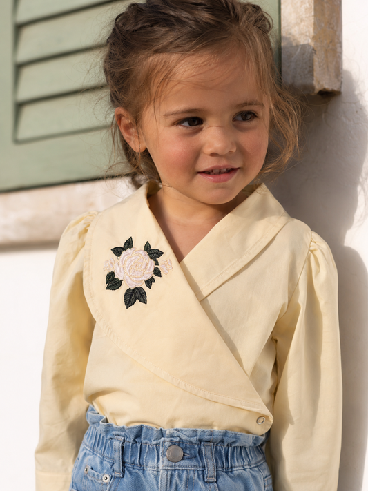 Osaka Rose-Embroidered Organic Cotton Blazer Blouse for Girls