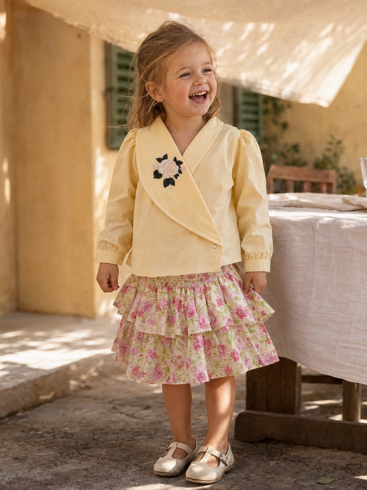 Blazer-blouse en coton bio brodé de roses Osaka pour filles