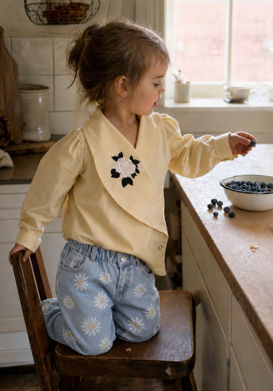 Blazer-blouse en coton bio brodé de roses Osaka pour filles