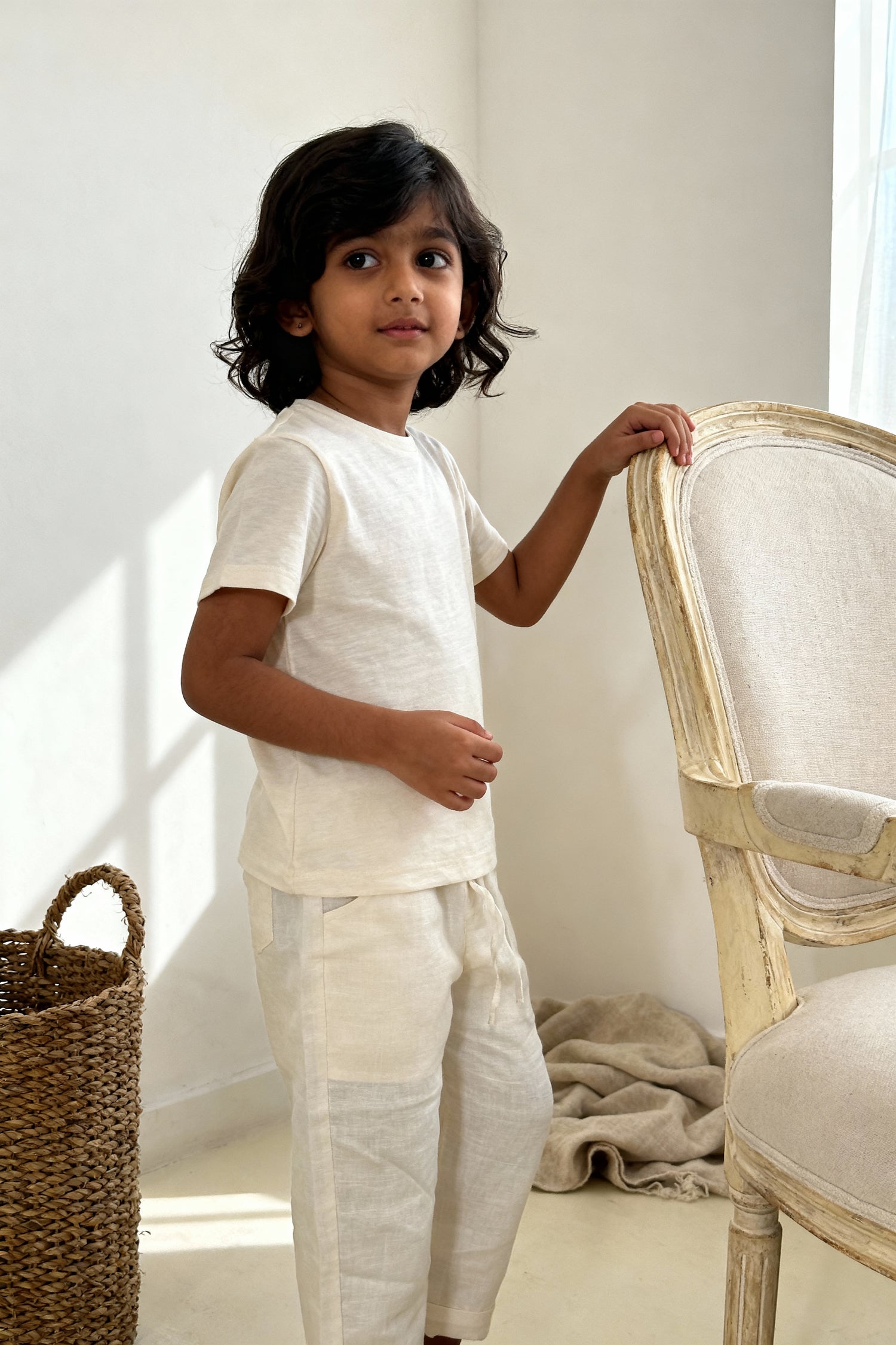 Positano organic cotton-linen kids pants front view showing relaxed fit and earthy tone