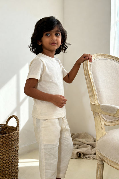 Positano organic cotton-linen kids pants front view showing relaxed fit and earthy tone