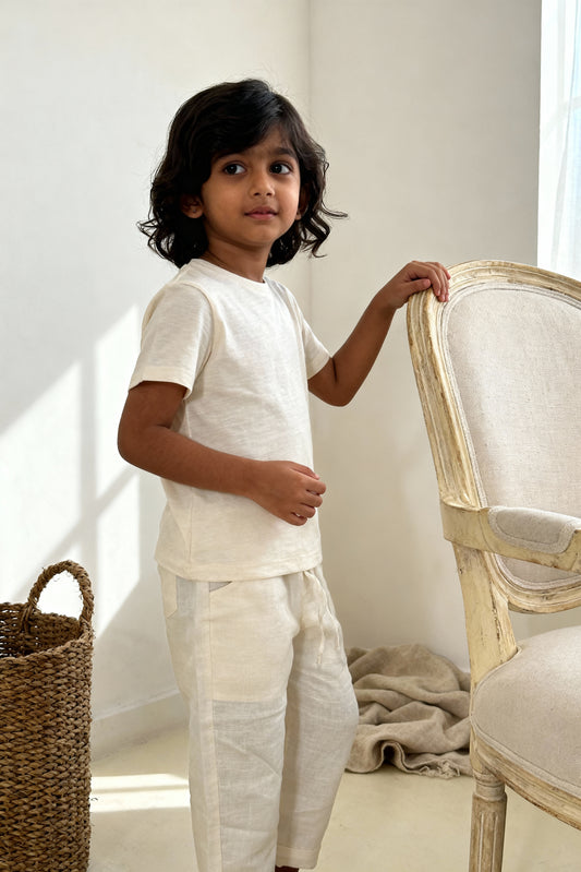 Positano organic cotton-linen kids pants front view showing relaxed fit and earthy tone