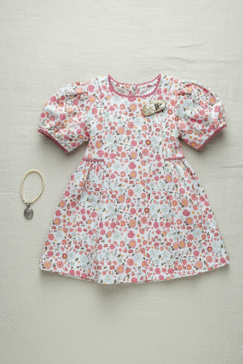 Riviera Rose organic cotton-linen floral puff-sleeve girls dress back view showing bow tie detail