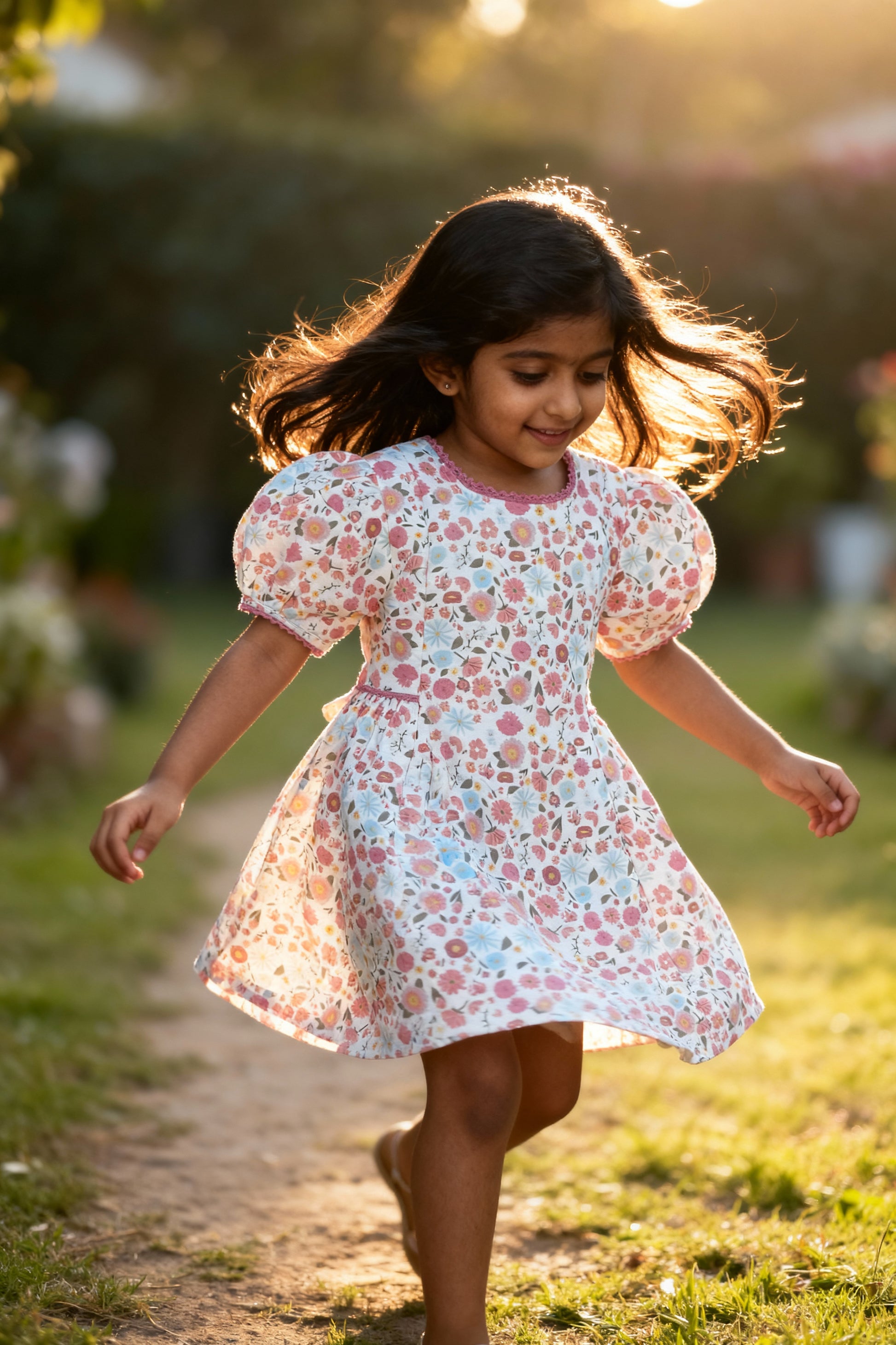 Riviera Rose organic cotton-linen floral puff-sleeve girls dress front view with rose print