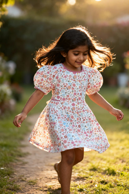 Riviera Rose organic cotton-linen floral puff-sleeve girls dress front view with rose print