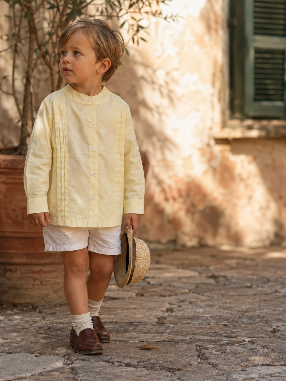 Camisa Como de algodón orgánico para niños | Camisa de niño pequeño con cuello mandarín y pliegues