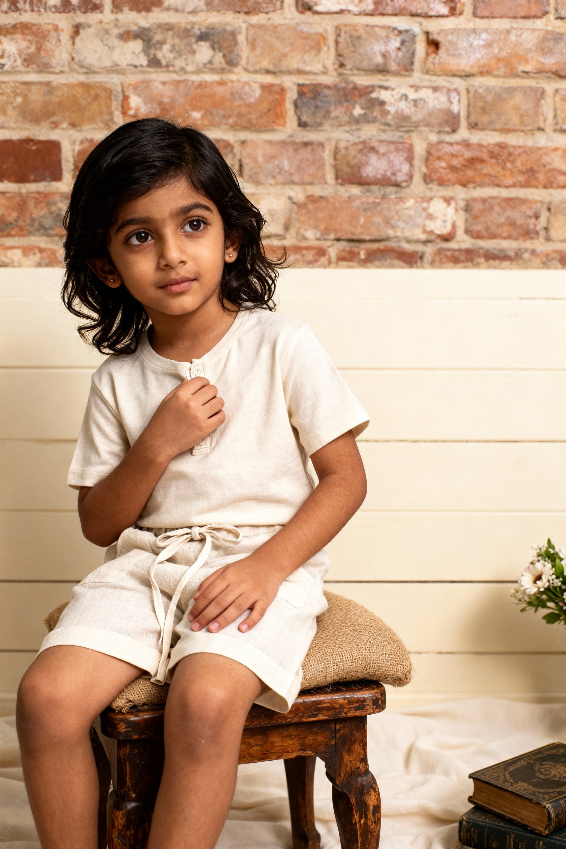 Palermo organic cotton-linen kids shorts side view showing mid-thigh length