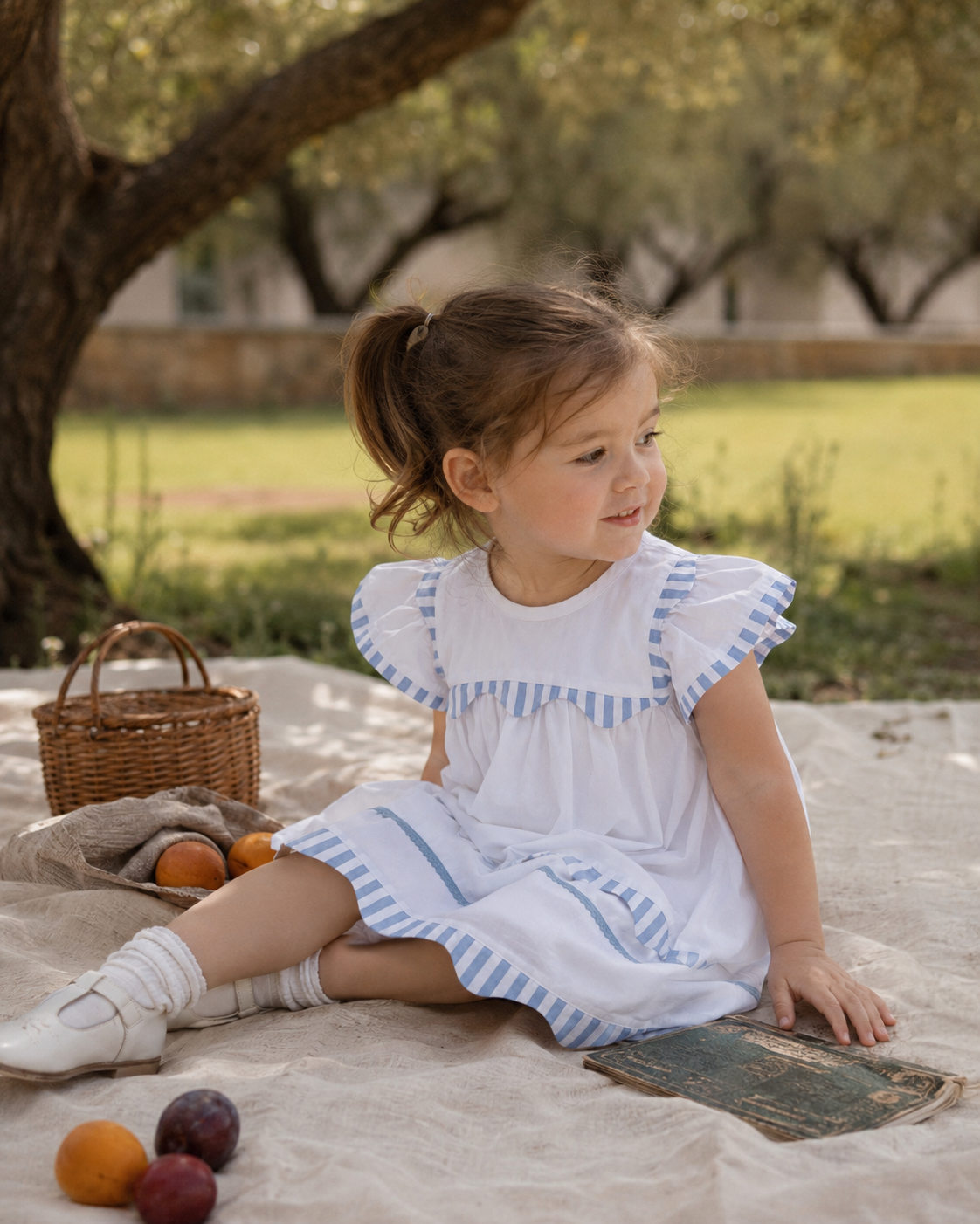 Robe d'été Santorini en coton biologique blanc pour filles | Manches volantées