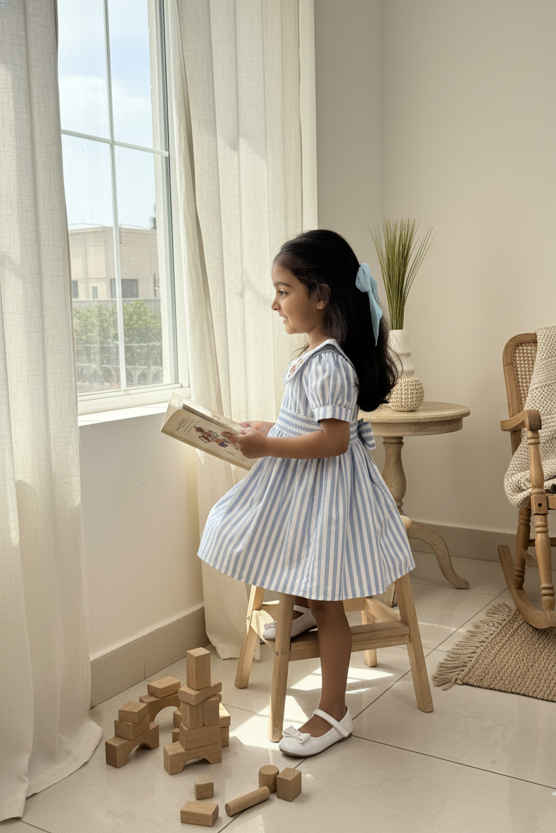 Portofino organic cotton smocked striped girls dress side view showing flowy tiered silhouette