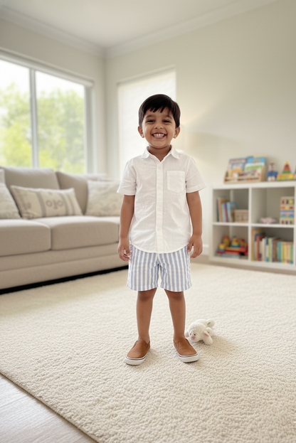Nice organic cotton kids shorts styled on child showing mid-thigh length