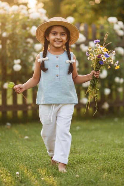 Positano organic cotton-linen kids pants flat lay showing breathable cotton-linen blend