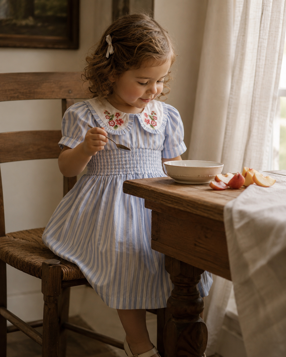 Vestido Portofino de algodón orgánico a rayas para niñas | Vestido de verano fruncido