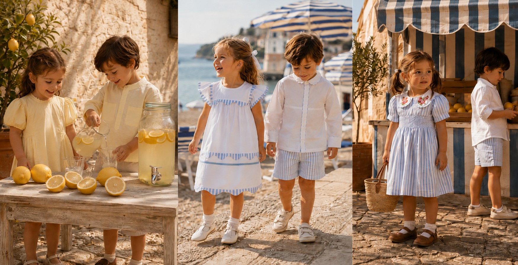 Children in Mom & Zoey organic cotton clothing at a Mediterranean summer scene