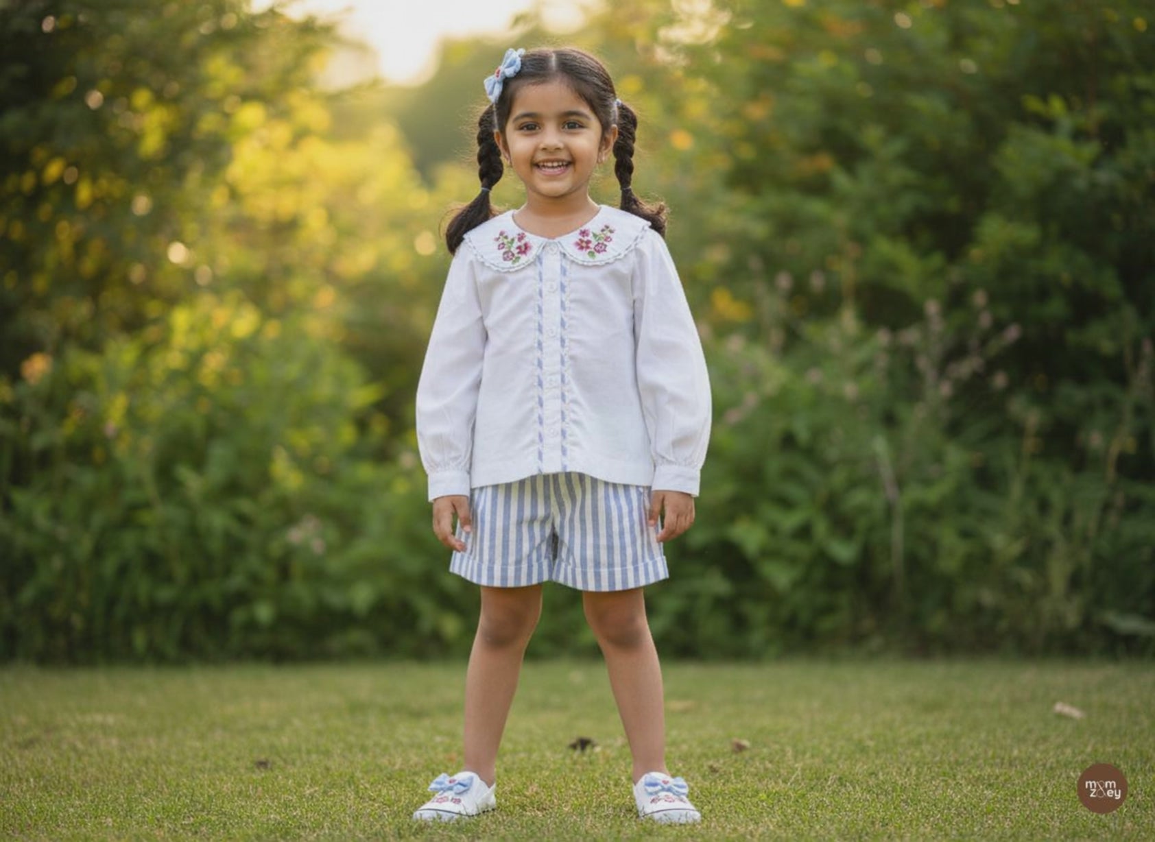 Capri organic cotton girls blouse video showing embroidered Peter Pan collar and puff sleeve details