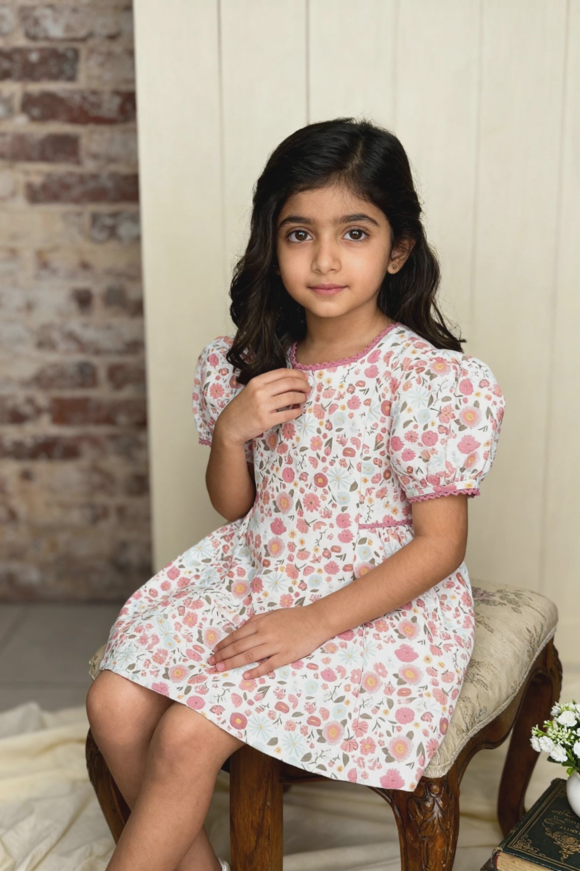 Riviera Rose organic cotton-linen floral puff-sleeve girls dress video showing twirl movement