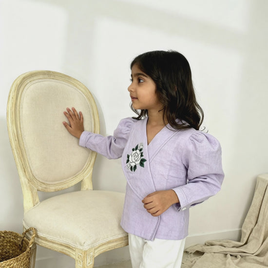 Osaka organic cotton-linen blazer blouse video showing rose embroidery detail and structured fit